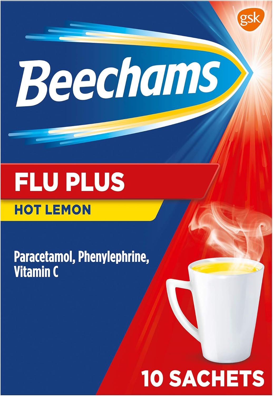 Beechams Cold & Flu Sachets, Pain & Congestion Relief Medicine, Flu Plus Hot Lemon Powder, 10 Count | Free Shipping Worldwide