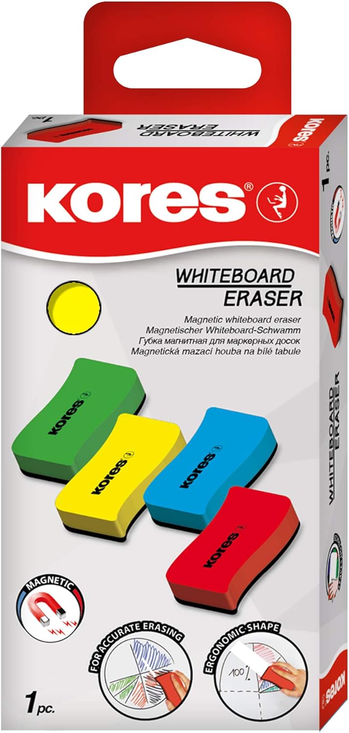 Kores - Magnetic Whiteboard Eraser - School Supplies, Office Stationery - Dry Wipe, Lightweight and Ergonomic Whiteboard Eraser - 110 x 55 x 20 mm - Pack of 1 - Random Colour