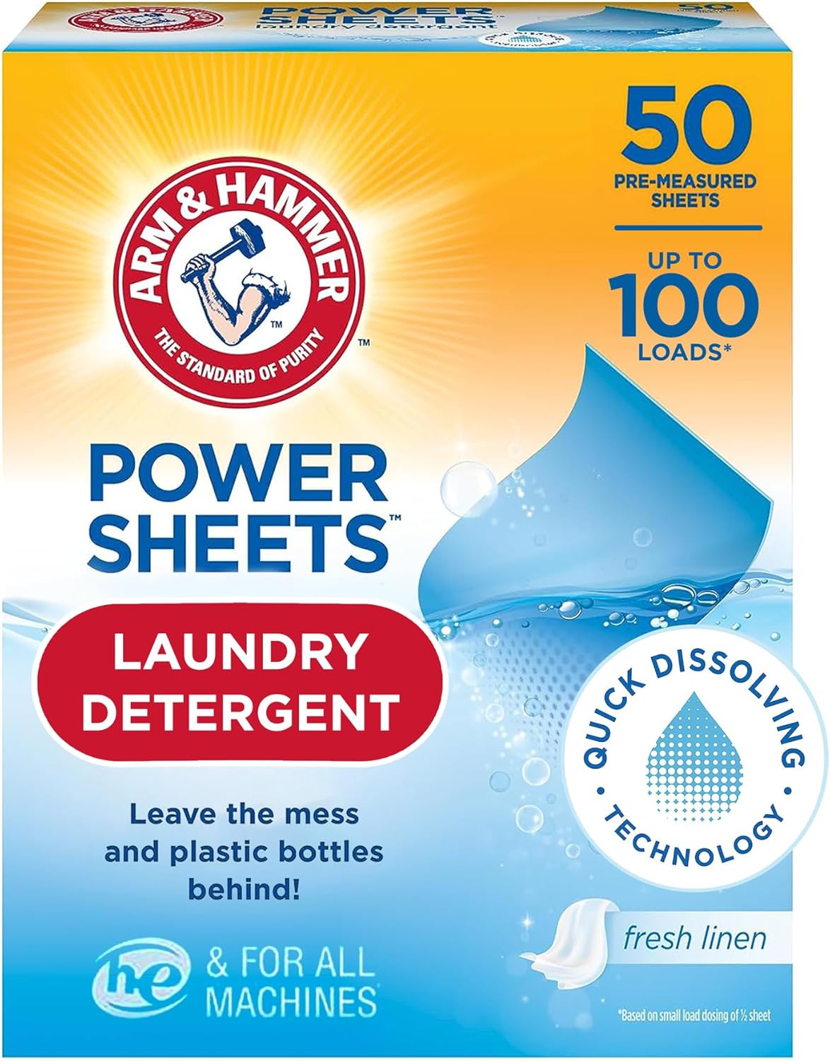 Arm and Hammer Power Sheets Laundry Detergent, Fresh Linen Laundry Sheets 50ct, up to 100 Small Loads, Ultraconcentrated Washing Detergent for deep clean, Laundry Detergent Sheets for Washing Machine | Free Shipping Worldwide