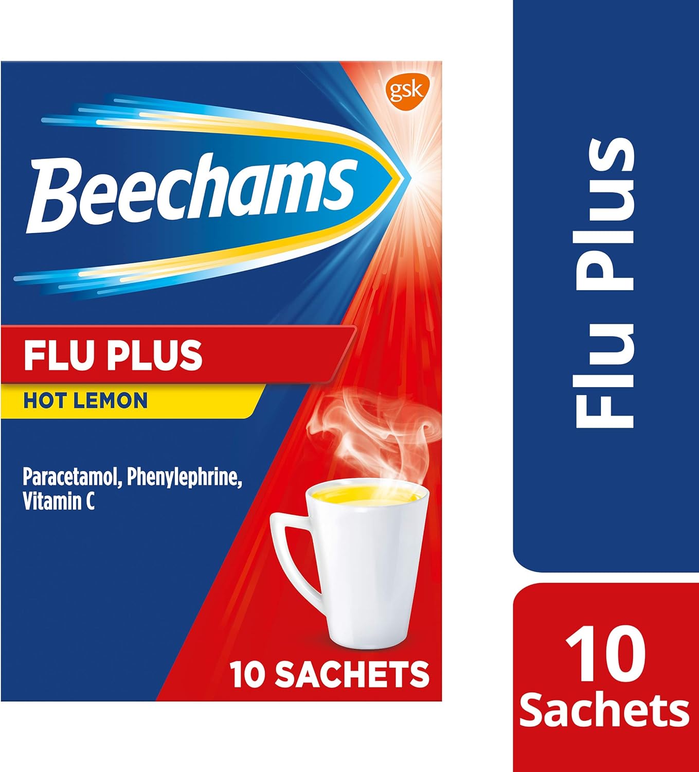 Beechams Cold & Flu Sachets, Pain & Congestion Relief Medicine, Flu Plus Hot Lemon Powder, 10 Count | Free Shipping Worldwide
