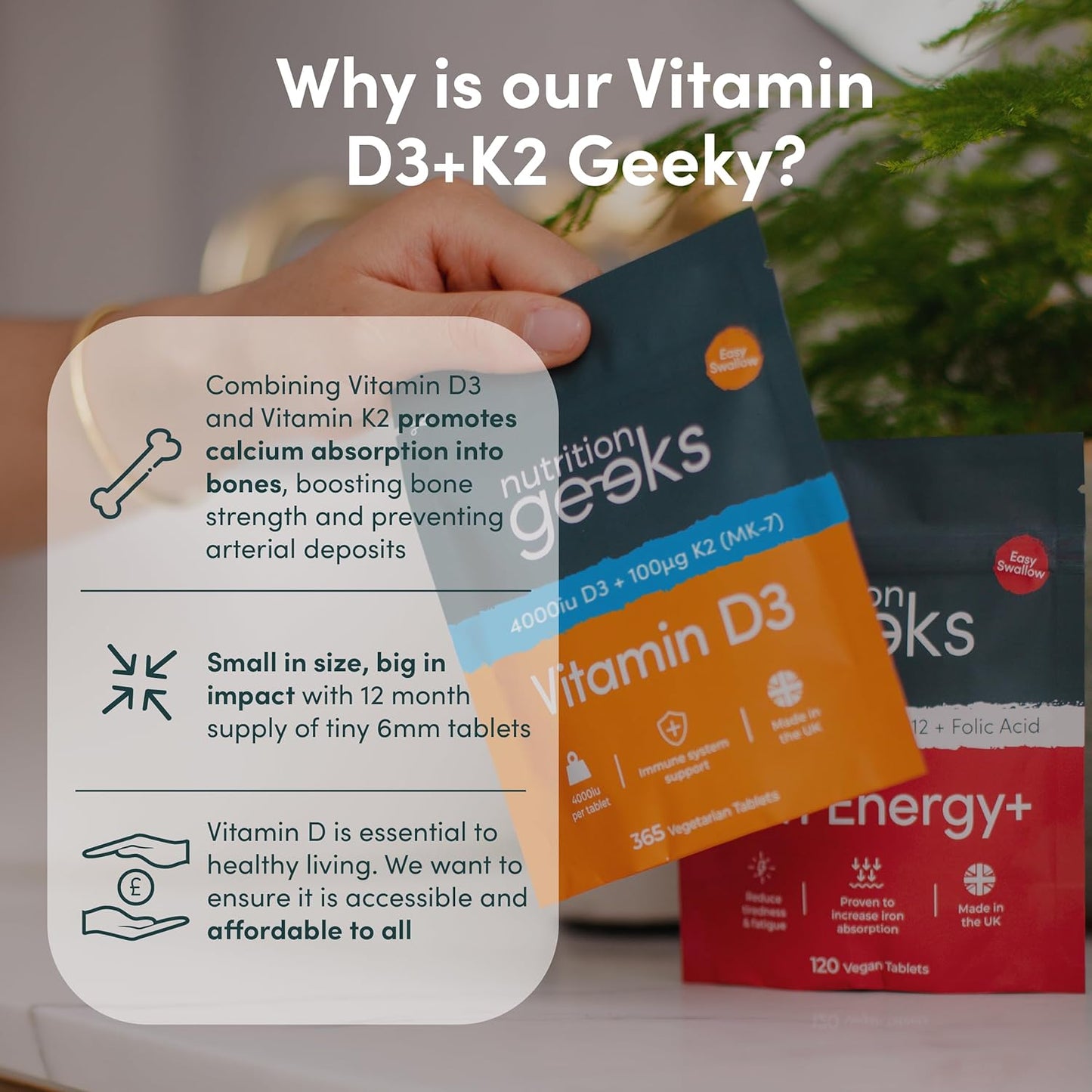 Vitamin D3 4000 iu & Vitamin K2 MK7 100μg - 1 Year Supply, 365 Easy-Swallow Vitamin D3 K2 Tablets, 1-A-Day High Strength Vegetarian D3 and K2 Vitamin Supplements, UK Made Vitamin D Tablets - Free Shipping Worldwide