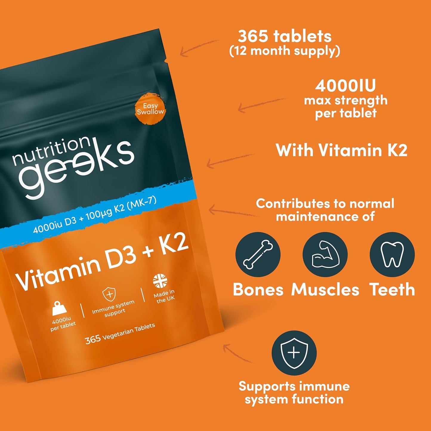 Vitamin D3 4000 iu & Vitamin K2 MK7 100μg - 1 Year Supply, 365 Easy-Swallow Vitamin D3 K2 Tablets, 1-A-Day High Strength Vegetarian D3 and K2 Vitamin Supplements, UK Made Vitamin D Tablets - Free Shipping Worldwide