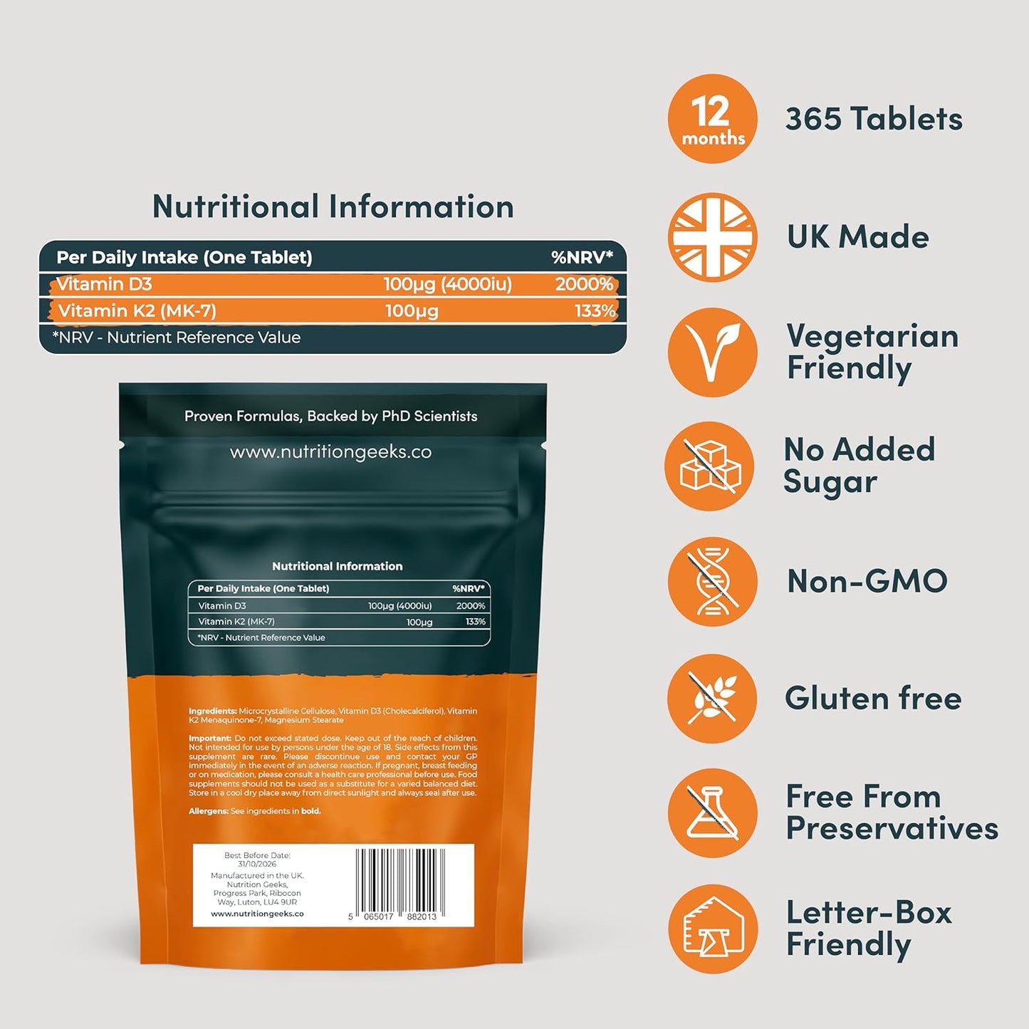 Vitamin D3 4000 iu & Vitamin K2 MK7 100μg - 1 Year Supply, 365 Easy-Swallow Vitamin D3 K2 Tablets, 1-A-Day High Strength Vegetarian D3 and K2 Vitamin Supplements, UK Made Vitamin D Tablets - Free Shipping Worldwide