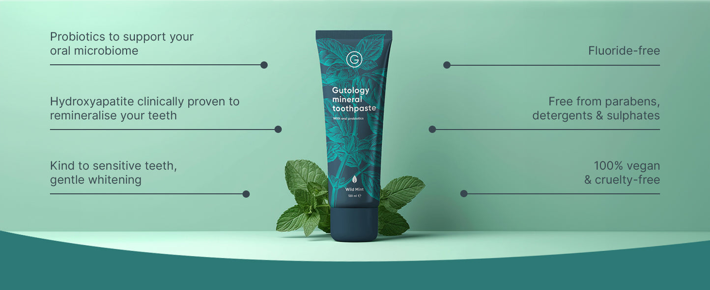 Gutology Natural Probiotic Hydroxyapatite Toothpaste 120ml Fluoride Free Toothpaste Remineralising Enamel Repair Suitable for Adults & Children Helps Sensitive Teeth Whitening - Wild Mint Flavour - Free Shipping Worldwide