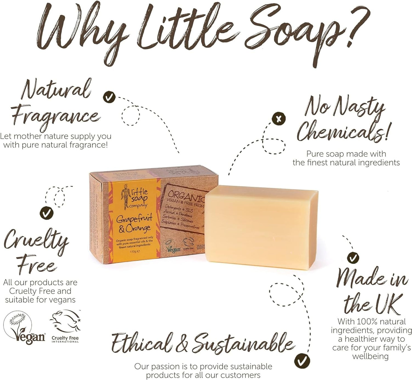 Little Soap Company Organic Soap Bar - Vegan, Cruelty Free, No SLS or Parabens, with Grapefruit & Orange Citrus, Natural, Eco Friendly Body & Hand Soap Bar (110g); Free Shipping Worldwide