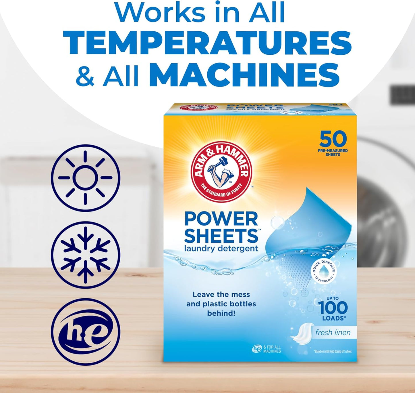 Arm and Hammer Power Sheets Laundry Detergent, Fresh Linen Laundry Sheets 50ct, up to 100 Small Loads, Ultraconcentrated Washing Detergent for deep clean, Laundry Detergent Sheets for Washing Machine | Free Shipping Worldwide