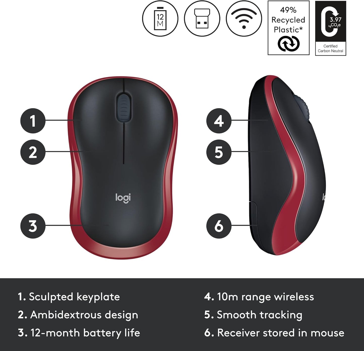 Logitech M185 Wireless Mouse, 2.4GHz with USB Mini Receiver, 12-Month Battery Life, 1000 DPI Optical Tracking, Ambidextrous, Compatible with PC, Mac, Laptop - Red - Free Shipping Worldwide