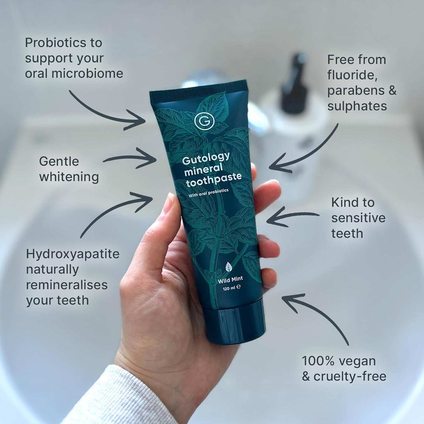Gutology Natural Probiotic Hydroxyapatite Toothpaste 120ml Fluoride Free Toothpaste Remineralising Enamel Repair Suitable for Adults & Children Helps Sensitive Teeth Whitening - Wild Mint Flavour - Free Shipping Worldwide