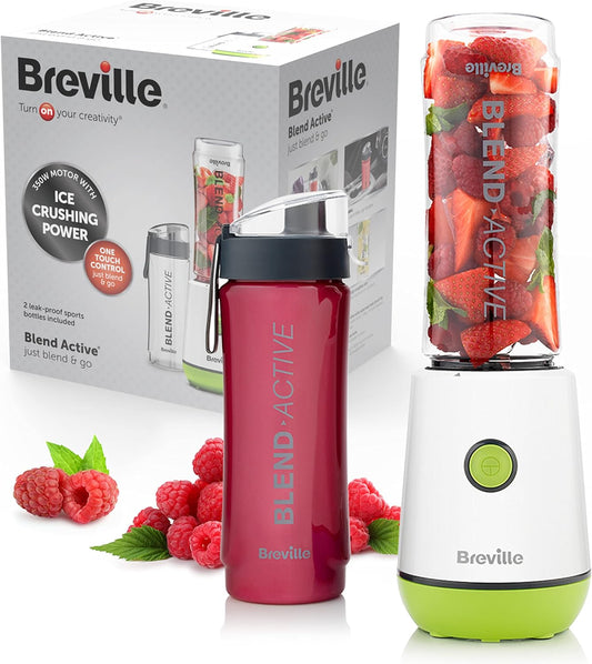 Breville Blend Active Personal Blender & Smoothie Maker | 350W | 2 Portable Blend Active Bottles (600ml) | Leak Proof Lids | White & Green - Free Shipping Worldwide