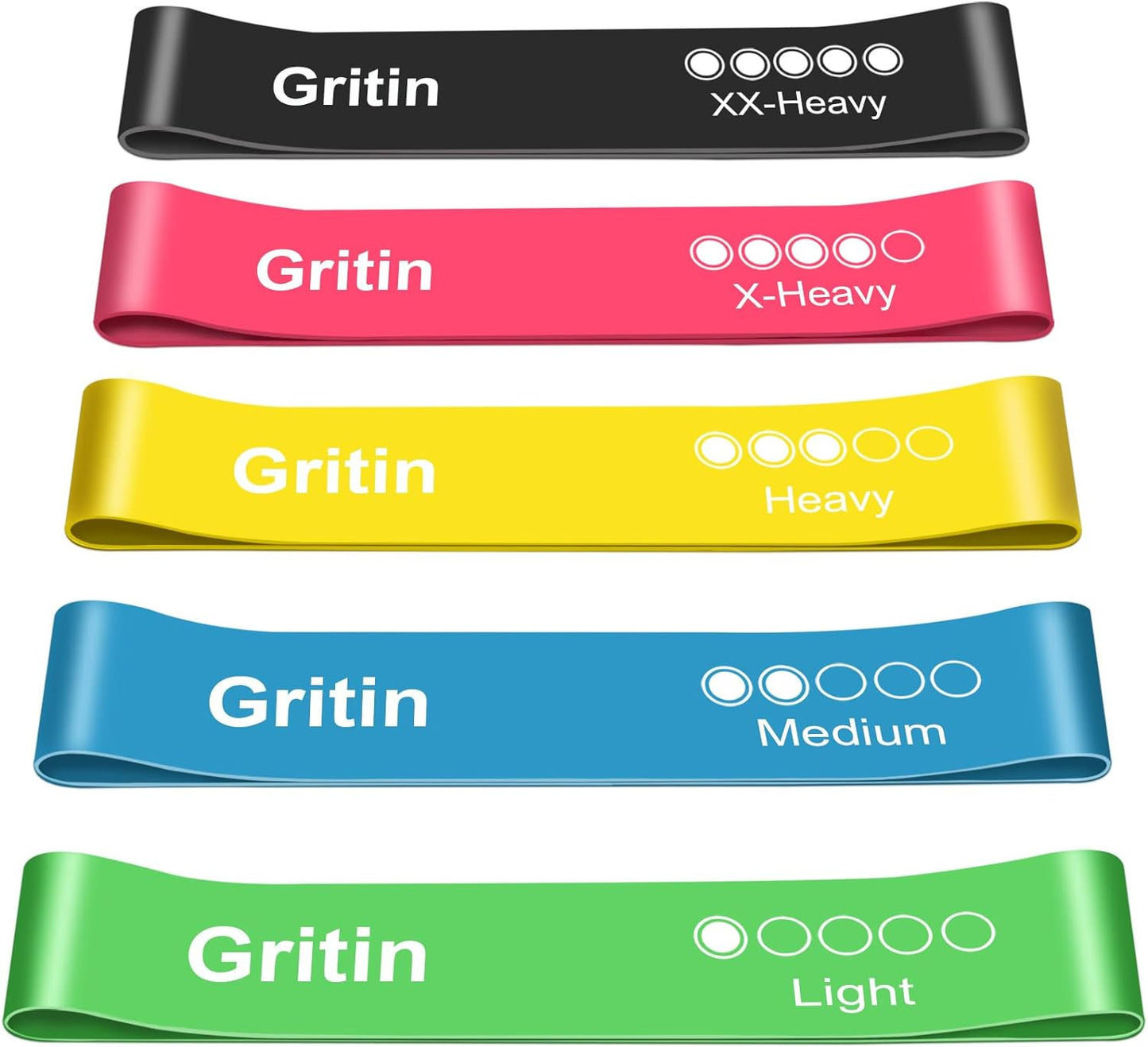 Gritin Resistance Bands, [Set of 5] Skin-Friendly Resistance Fitness Exercise Loop Bands with 5 Different Resistance Levels - Carrying Case Included - Ideal for Home Exercise - Free Shipping Worldwide