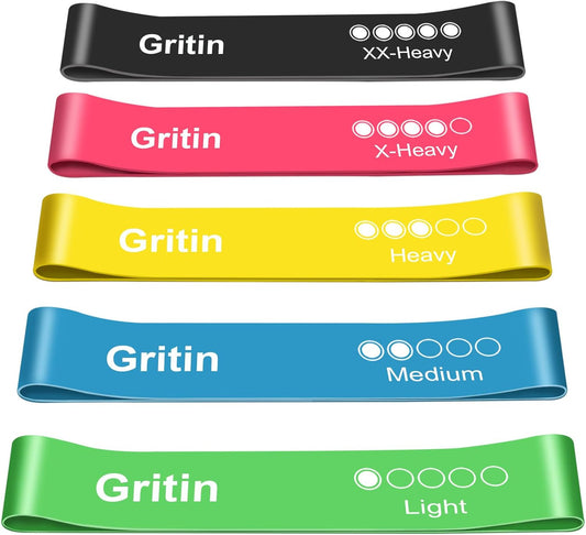 Gritin Resistance Bands, [Set of 5] Skin-Friendly Resistance Fitness Exercise Loop Bands with 5 Different Resistance Levels - Carrying Case Included - Ideal for Home Exercise - Free Shipping Worldwide