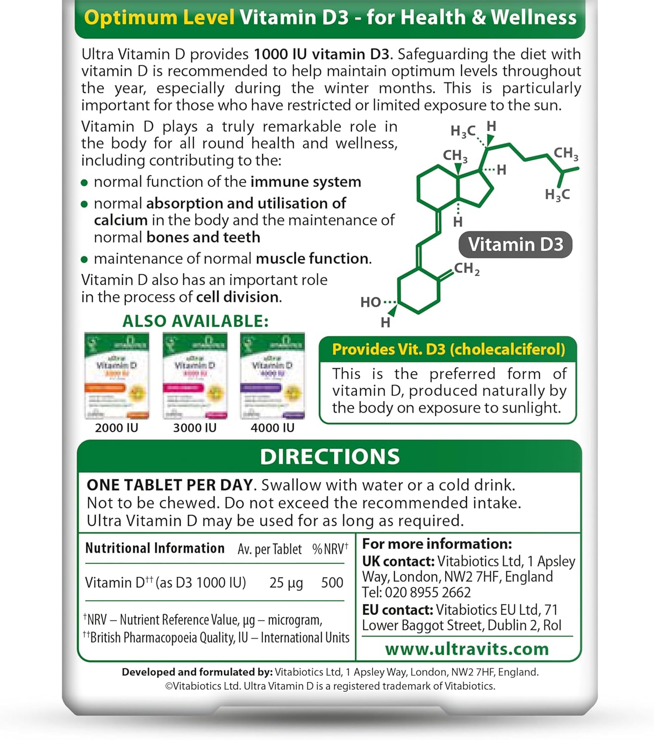 Vitamin D Tablets 1000IU, Vitabiotics Ultra (96 Day Supply); Free Shipping Worldwide