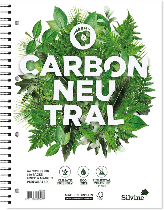 Silvine A4 (Pack of 5) Carbon Neutral Wirebound Notebook - Lined with Margin, 120 Pages of Premium CO2 Neutral Paper, White - Free Shipping Worldwide